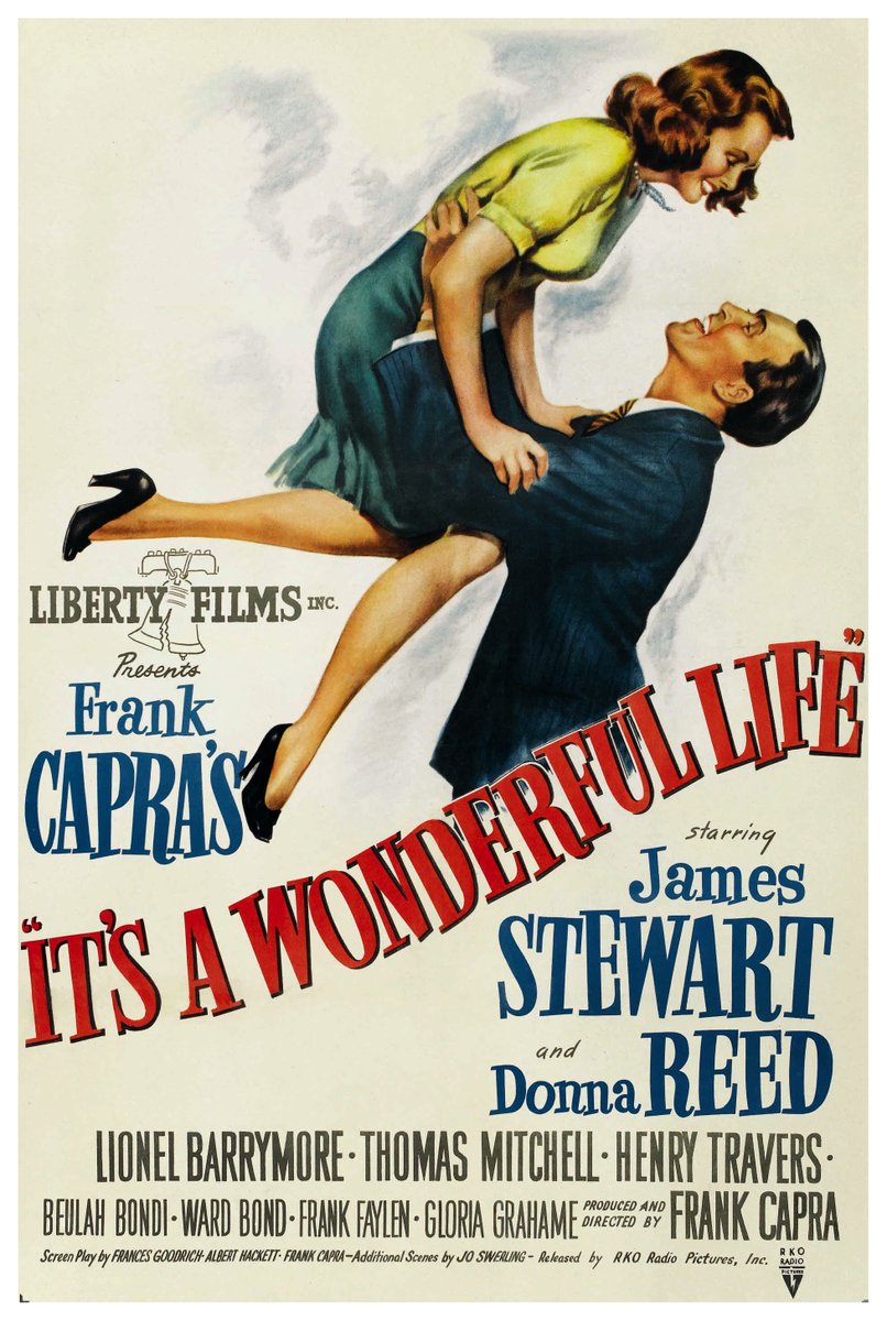 HGACinema's tweet photo. It's a Wonderful Life (1946) Theatrical Release Poster.

► For the scene that required Donna Reed to throw a rock through the window of the Granville house, director Frank Capra hired a marksman to shoot it out on cue. To everyone's amazement, Reed broke the window by herself. She had played baseball in high school and had a strong throwing arm.

► As Uncle Billy drunkenly leaves the Bailey home, it sounds as if he stumbles into some trash cans on the sidewalk. In fact, a crew member dropped a large tray of props right after Thomas Mitchell went off-screen. James Stewart began laughing, and Mitchell quickly improvised, “I'm all right! I'm okay!”. Director Frank Capra decided to use this take in the final cut and gave the stagehand a $10 bonus for “improving the sound.”