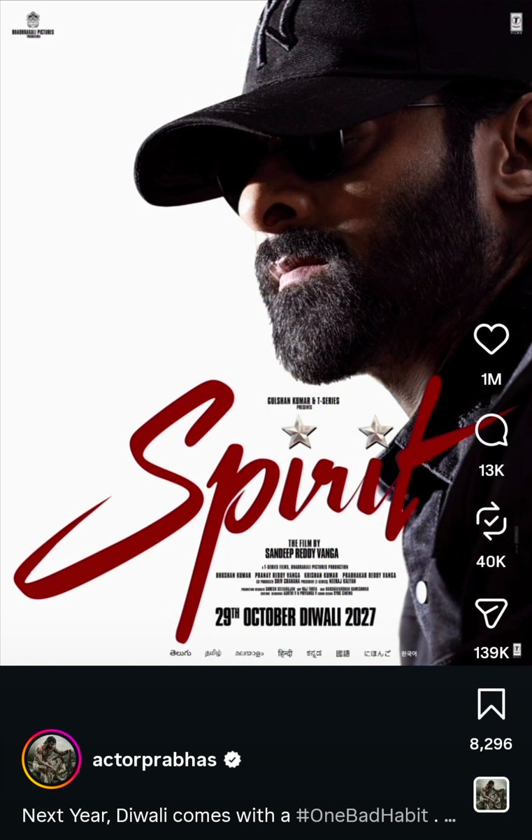 yashprabhas07's tweet photo. TFI's Insta Reach goddd on duty..

1M likes &amp; 40K reposts..
In 6 Hours 💣💥..

#Spirit https://t.co/FZK2B8PI79