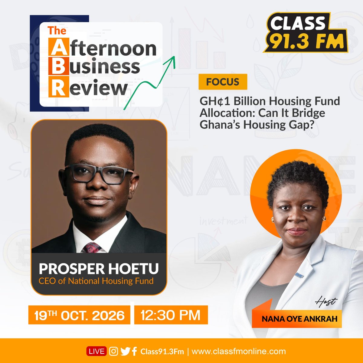 Nhffund1's tweet photo. Can GH₵1 Billion bridge Ghana's housing gap?

Join our CEO, Prosper Hoetu, on The Afternoon Business Review with Nana Oye Ankrah as they break down the National Housing Fund Allocation.

📅 19th Oct, 2026 | ⏰ 12:30 PM | 📻 Class 91.3 FM

#NHF #ClassFM #GhanaHousing #Housing https://t.co/IsQuPSoXqo