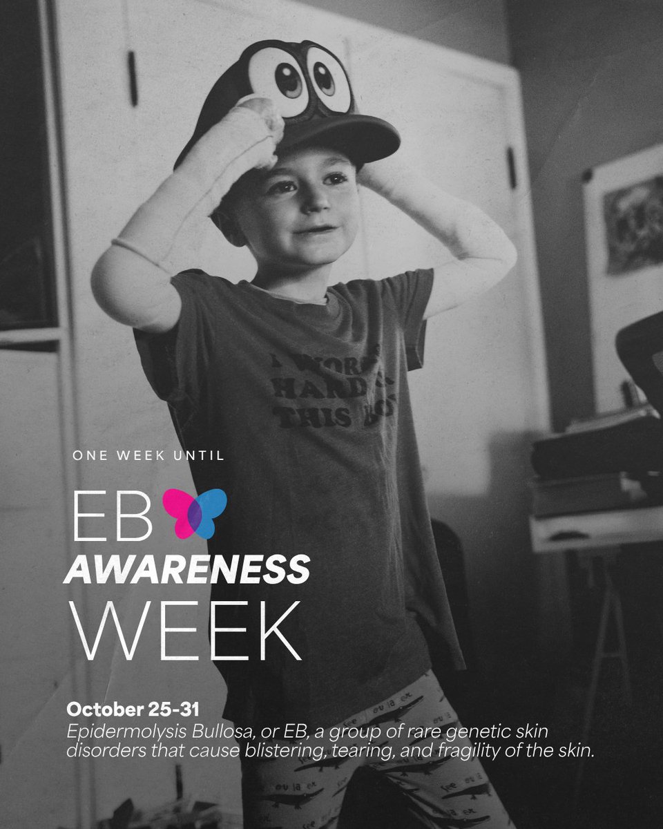 EBResearch's tweet photo. One week until EB Awareness Week. 🦋

From October 25–31, here at EB Research Partnership, we’ll be using EB Awareness Week to bring even more attention to the realities of epidermolysis bullosa (EB), a group of rare genetic skin disorders that can cause extremely fragile skin and painful blistering.

You’ll hear from people living with EB and the families who love them, see some of the science moving forward, and find simple ways to help more people understand EB.

Stay tuned. 🩷

Join our newsletter to stay connected → https://t.co/jqF9Hr8m8G