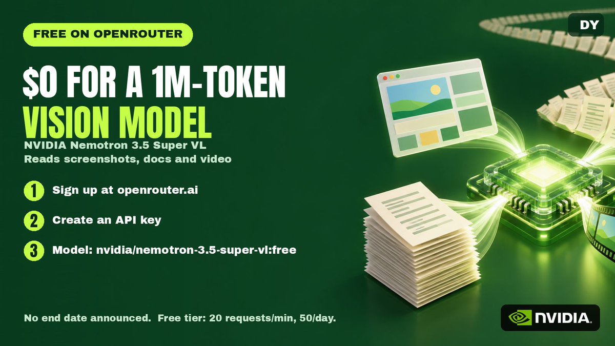 DYoung_AI's tweet photo. A 1M-token AI model that reads screenshots, documents and video costs $0 right now.

NVIDIA's Nemotron 3.5 Super VL went live on OpenRouter Oct 15 with a free endpoint: $0 input, $0 output, up to 131K tokens out, tool calling built in.

No end date announced. 3-step setup below. https://t.co/7BEAM08IdG