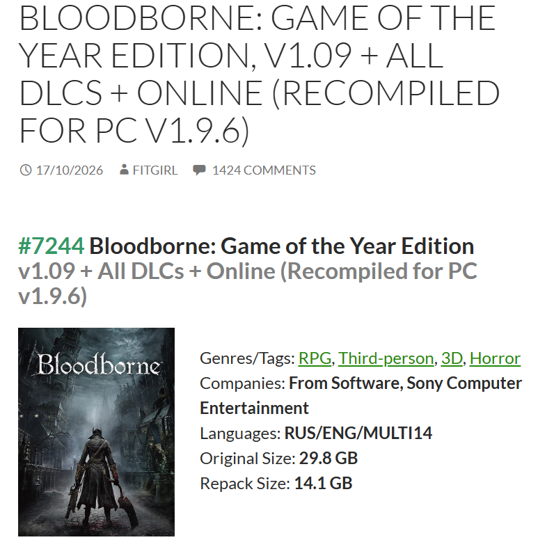 TIREDnONFIRE's tweet photo. For people having trouble finding the correct Bloodborne port, there are multiple so its very difficult to trouble shoot. I recommend switching to fitgirls release, this is the version most people are playing https://t.co/xGCqVjSThy
