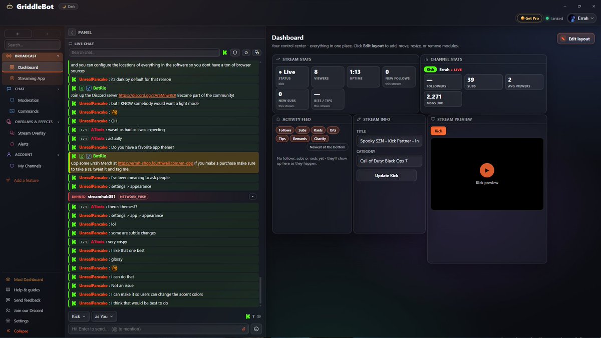oErrah's tweet photo. If you guys are looking for a bot that auto bans the bots on Kick and also has some very cool features checkout @GriddleBot It Is easy to setup and very user friendly! 

https://t.co/KzPWWsqL6k https://t.co/qwajHq2C7N