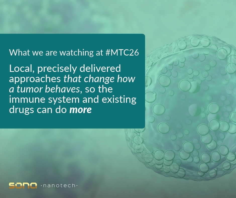 SonaNanotech's tweet photo. What we are watching at #MTC26: the convergence of devices and immuno-oncology. Local, precisely delivered approaches that change how a tumor behaves, so the immune system and existing drugs can do more. The field is moving toward the tumor, not just the bloodstream. 

#MedTech #Immunotherapy