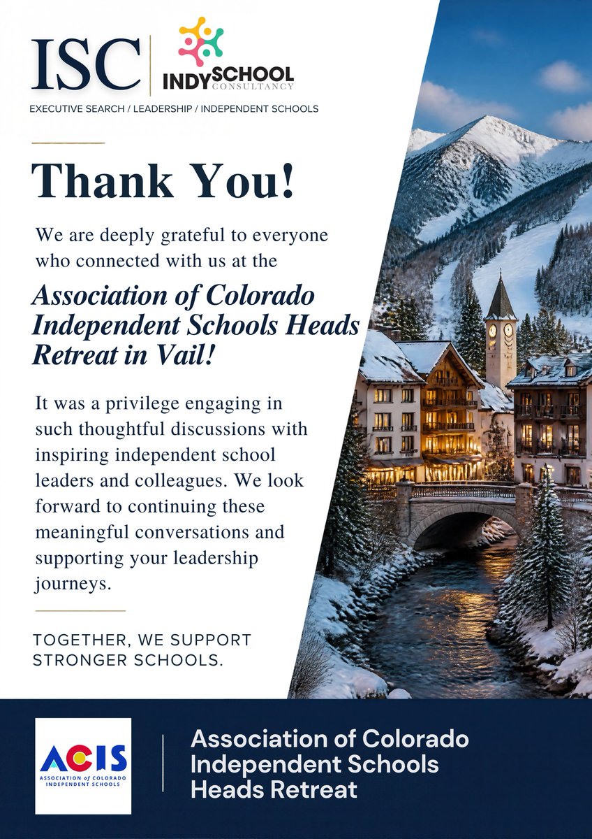 ISCconsultancy's tweet photo. Thank you to the Association of Colorado Independent Schools and everyone who connected with us at the Heads Retreat in Vail! We appreciate the conversations and look forward to staying connected.

#IndySchoolConsultancy #IndependentSchools https://t.co/FP0yoTa56K