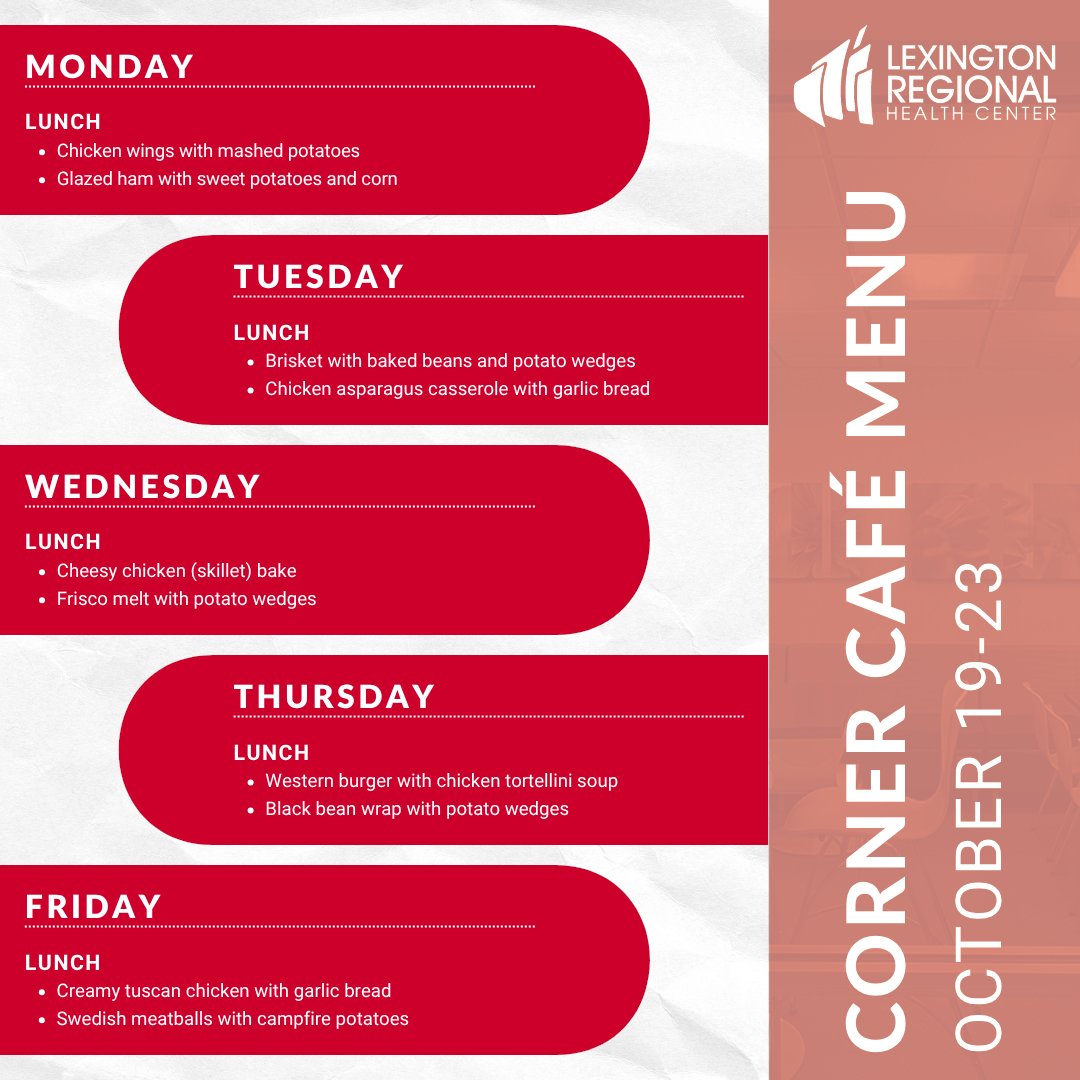 lexrhc's tweet photo. 🍴 Hungry for something delicious?
Take a peek at what’s on the menu this week at the Corner Café. Come hungry, leave happy! The Corner Café is located in the center of the hospital, feel free to use either entrance to enter!
#menu #food #yummy #hospital #delicious https://t.co/tCjbFeHcnh