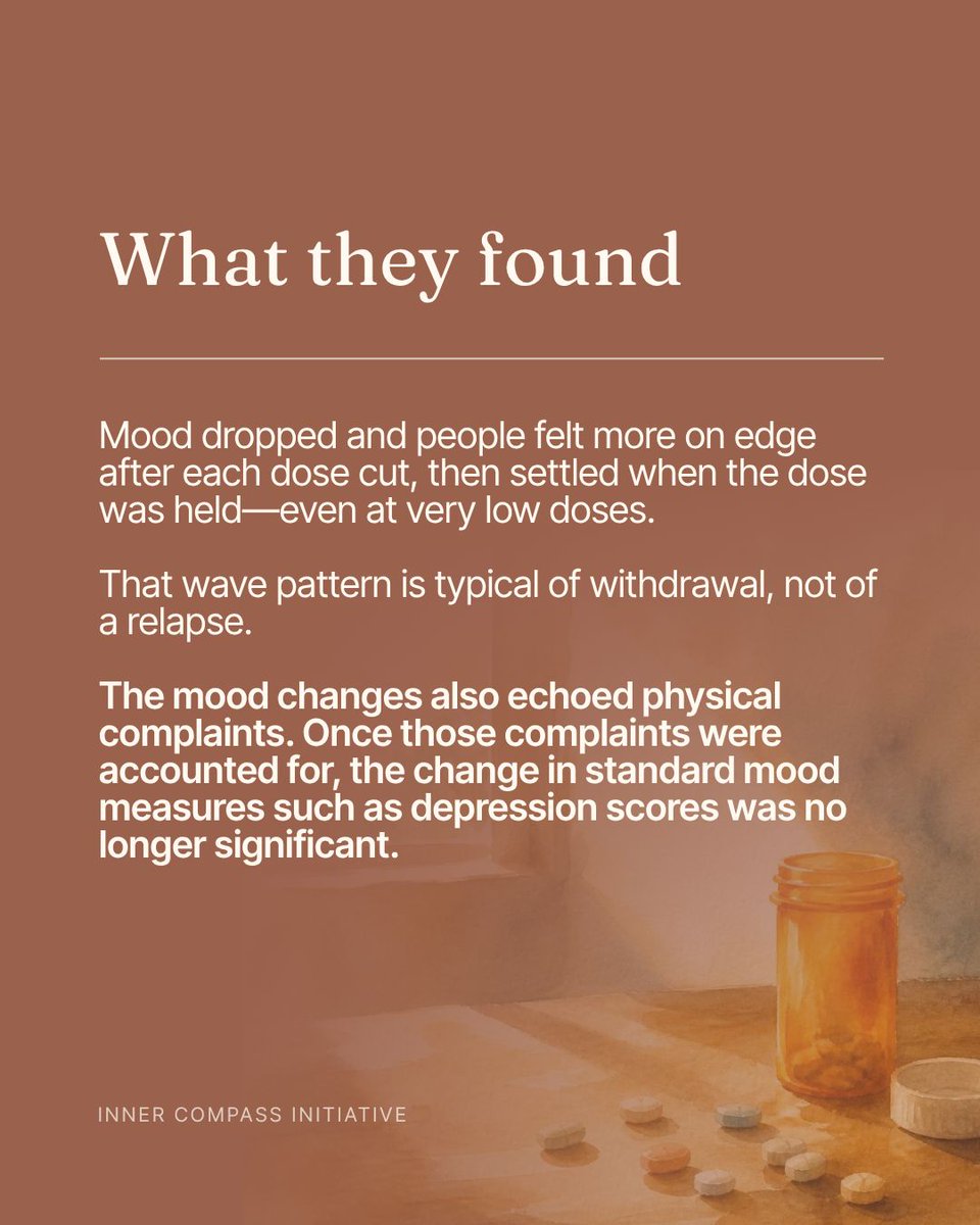 _innercompass's tweet photo. ICYMI: For years, people tapering psychiatric drugs have described a “windows and waves” pattern of withdrawal: a crash after a dose cut, then a stretch of settling if the dose is held.

Clinicians have often interpreted that crash as the original condition returning, but a new study followed people through a six-month antidepressant taper and found exactly the same wave pattern.

Led by Michael Hengartner (@HengartnerMP) with Mark Horowitz (@markhoro), the research found people tapering reported their mood dropped after each reduction, then eased when the dose stayed put—even at very low doses. 

Notably, the mood changes were aligned with physical complaints. Once those physical complaints were taken into account, the rise in depression scores was no longer significant.

That will not surprise you if you have lived it, but the research is still worth reading. You can find coverage of it including a link to the original paper via the link below.