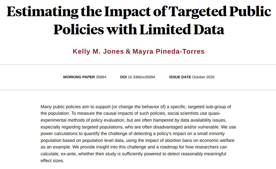 nberpubs's tweet photo. Presenting a roadmap for ex-ante power calculations when evaluating policies aimed at small, vulnerable populations, illustrated with abortion bans' effects on economic welfare, from @kmpjones and @mayrapinedat https://t.co/0sPcinlmGU https://t.co/FnAbpgFMLB