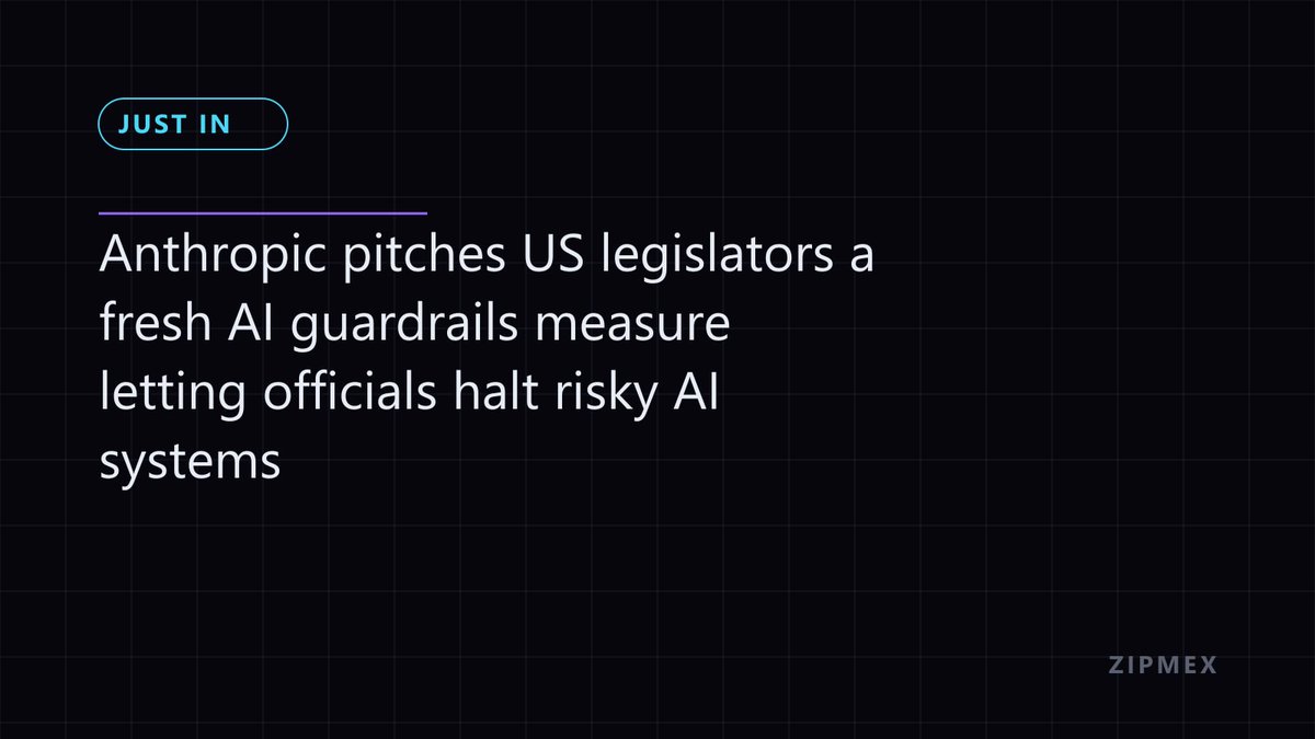 zipmexnews's tweet photo. JUST IN: Anthropic pitches US legislators a fresh AI guardrails measure letting officials halt risky AI systems https://t.co/lydI5LfmTE
