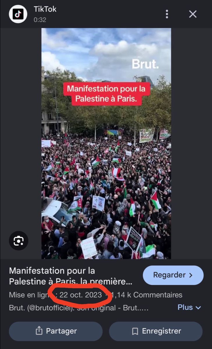 mdenaxa's tweet photo. Κύριε υπουργέ οι εικόνες που μας δείχνετε δεν είναι από τις τωρινές διαδηλώσεις στη Γαλλία.  Το βίντεο που ανεβάσατε είναι από διαδήλωση για την Παλαιστινη στο Παρίσι στις 22/10/2023. Παρακαλώ διορθώστε. Ευχαριστώ. (Πηγή : @brutofficiel) https://t.co/ttXc0MluhU