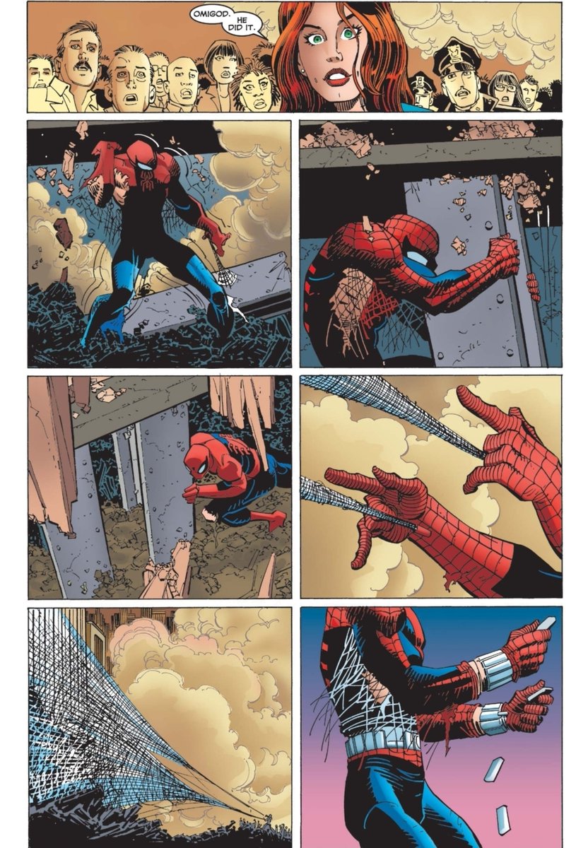 Peter616Parker's tweet photo. 내가 정말 좋아하는 스파이더맨(1990) #98의 장면
무너지려는 뷰글 건물 아래를 받치며 버티다 끝내 일어선 뒤 웹카트리지를 전부 쏟아부어 건물을 지탱하는 장면 https://t.co/LpFWOWV3HU