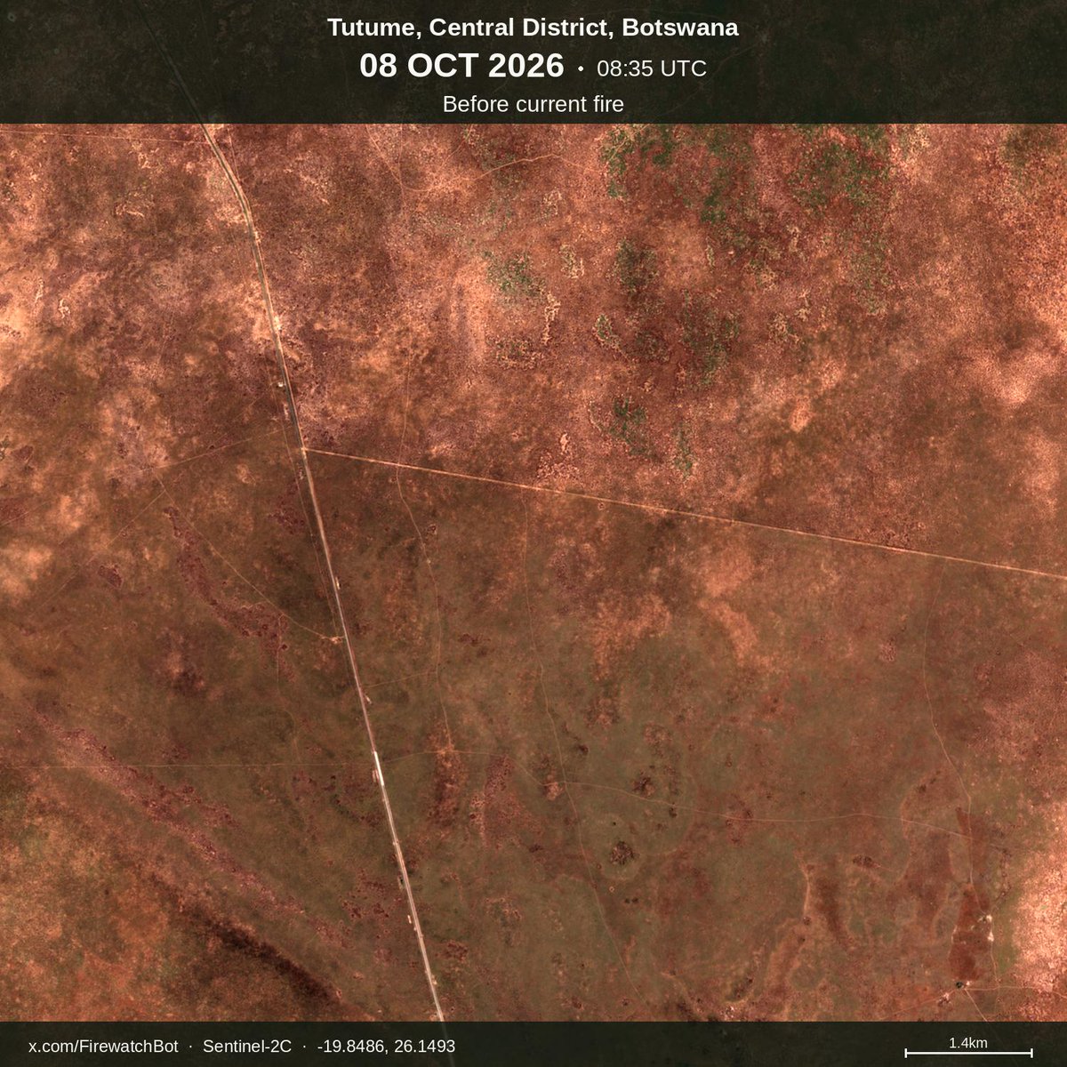 firewatchbot's tweet photo. Fire detected from #Sentinel2

🗺 Place: Tutume, Central District, #Botswana
🕛 Date: 2026/10/18 08:35UTC

View location: https://t.co/PaeuzmA3Vj (-19.8486, 26.1493) https://t.co/zxSKKj7mn5