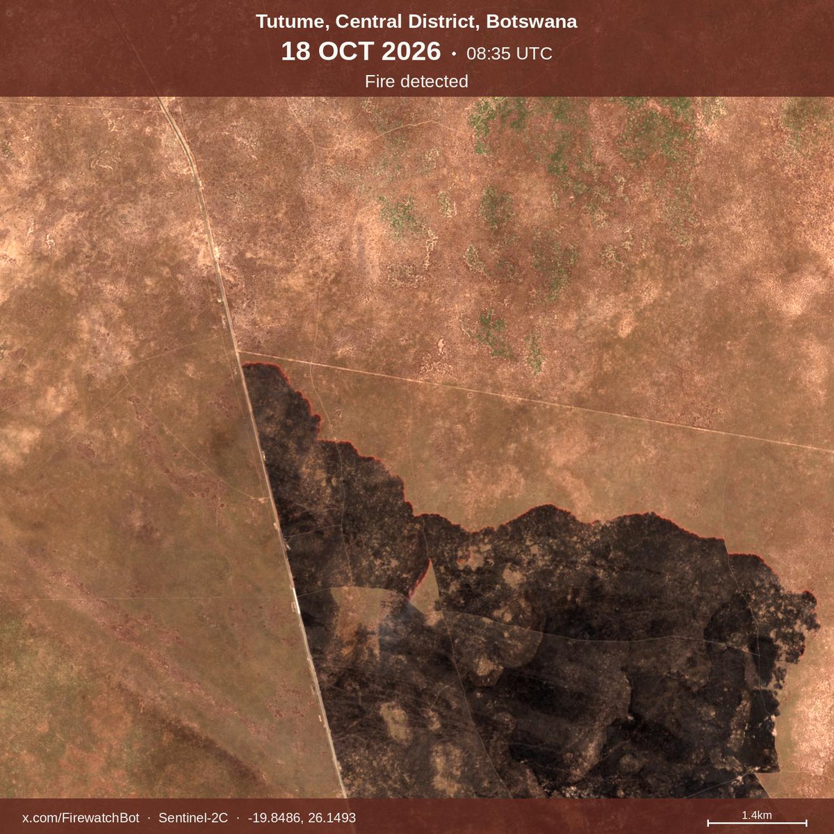 firewatchbot's tweet photo. Fire detected from #Sentinel2

🗺 Place: Tutume, Central District, #Botswana
🕛 Date: 2026/10/18 08:35UTC

View location: https://t.co/PaeuzmA3Vj (-19.8486, 26.1493) https://t.co/zxSKKj7mn5