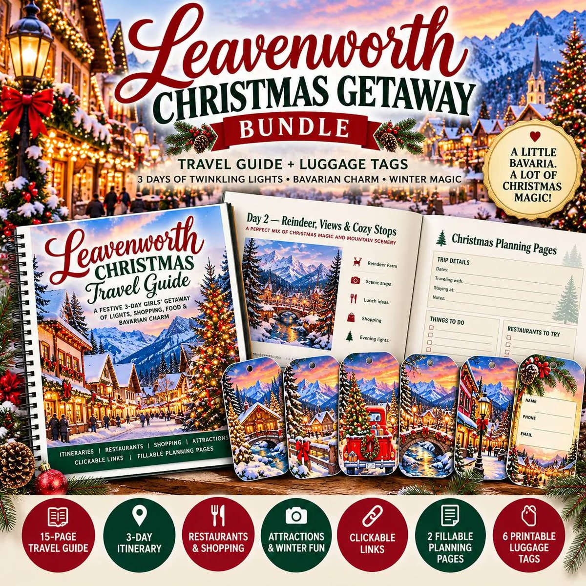 slong37's tweet photo. Christmas in Leavenworth. Guide and tags together.

3-day itinerary, clickable links, plus 6 winter luggage tags. Bundle is $9.99 — less than buying them separate. https://t.co/8UtISvhdMK