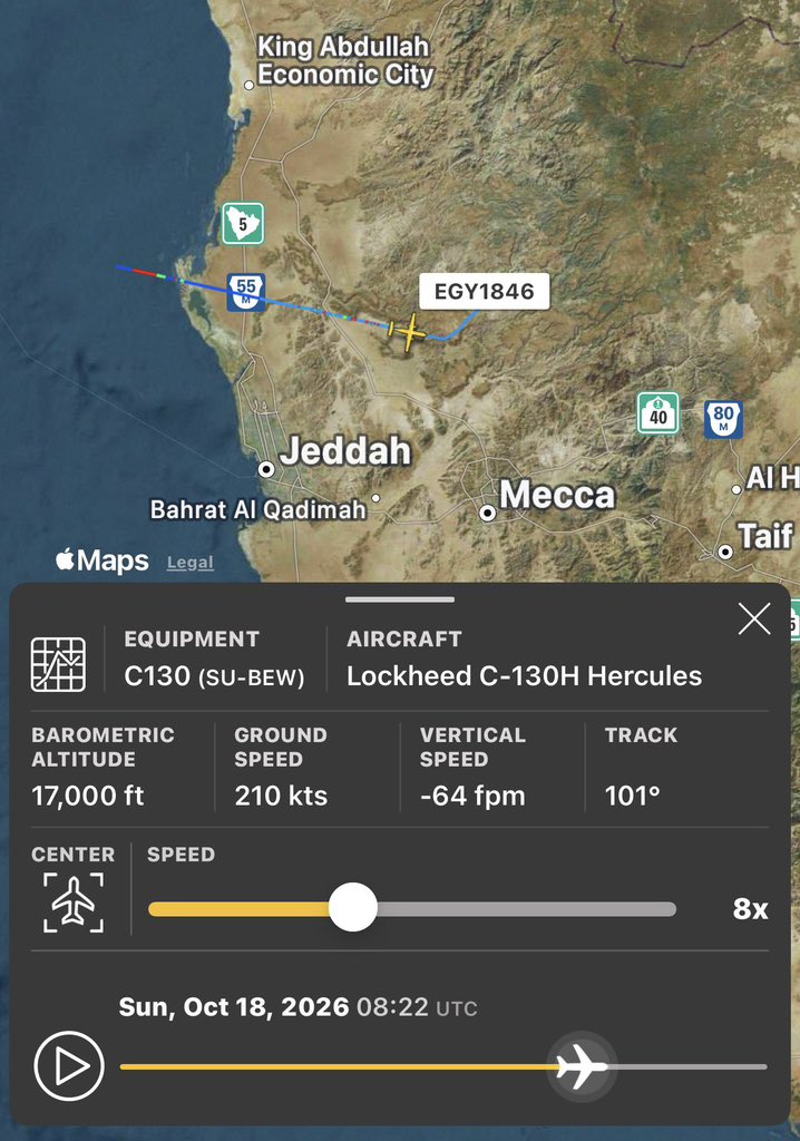 HormuzReport's tweet photo. BREAKING: Egypt is now officially entering the Saudi-Houthi war, with at least two Egyptian Air Force C-130H transport aircraft reportedly landing at King Fahd Air Base in Taif this morning, after Egypt’s National Defence Council, chaired by President Abdel Fattah el-Sisi, pledged “all necessary and possible forms of support” to Saudi Arabia, per Reuters.

One of the C-130Hs reportedly left Egypt with its transponder switched off.

Taif sits in western Saudi Arabia, within reach of the Red Sea coast and the Yemeni border zone, where Houthi activity has been concentrated.

This is now escalating into a full-blown regional war.