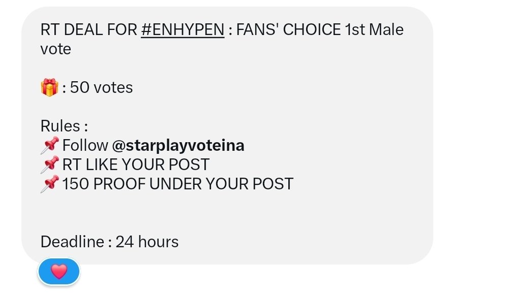 winking09's tweet photo. RT DEAL FOR #ENHYPEN : FANS' CHOICE 1st Male vote

🎁 : 50 votes 

Rules :
📌 Follow @starplayvoteina
📌 RT LIKE YOUR POST 
📌 150 PROOF UNDER YOUR POST

Deadline : 24 hours https://t.co/NMQxy9sowA