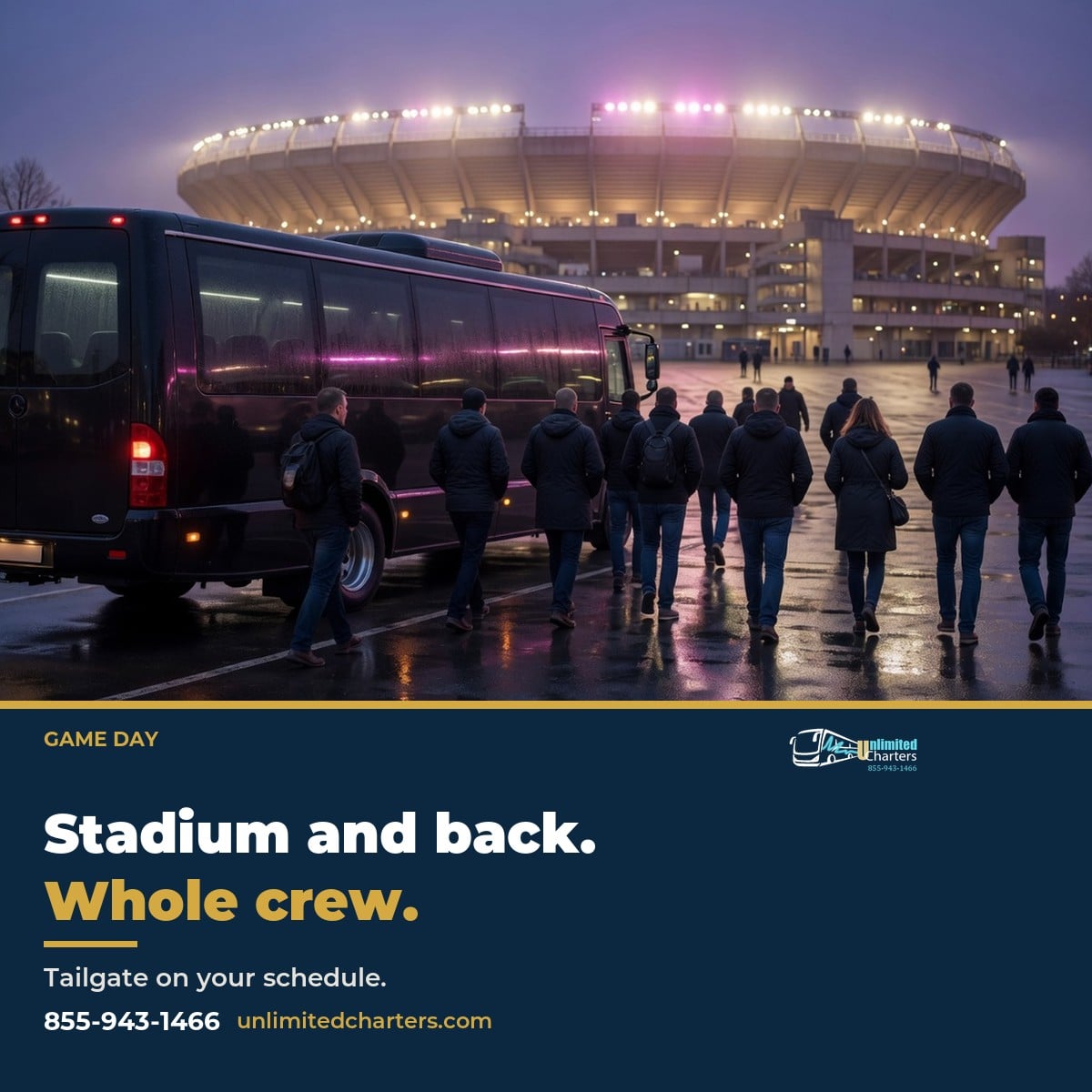 UnlimCharters's tweet photo. A game-day clock is simple until everyone drives themselves. Unlimited Charters uses one party bus for the stadium and the ride home.
Call 855-943-1466
https://t.co/LtjjHARLIF
#NFL #GameDay #Tailgate #PartyBus https://t.co/02XweSIJHn