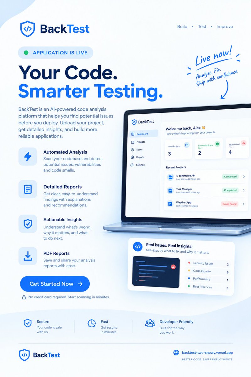 OnyedikaN59023's tweet photo. Another day to try BackTest๐๐
https://t.co/HCD1I7D2dz
#BackTest #SoftwareTesting #DevTools #AI #AIDevTools #BackendDevelopment #SoftwareEngineering #Developers #BuildInPublic #TechStartup #SaaS https://t.co/lynNZcvQ2w