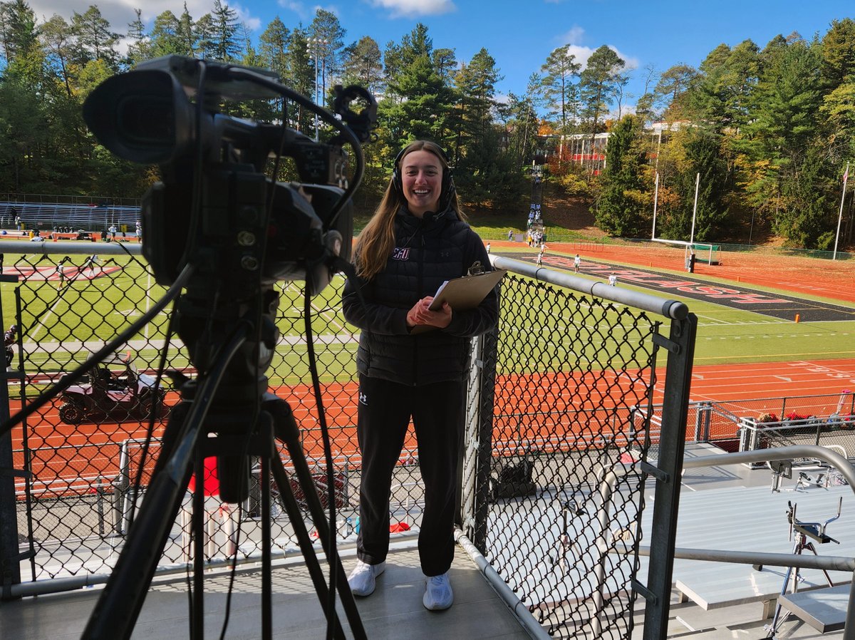 sfucommprogram's tweet photo. Great work at the @redwolvesfball game yesterday by the two best sideline reporters in the Presidents' Athletic Conference! https://t.co/cHRl1xpr3i