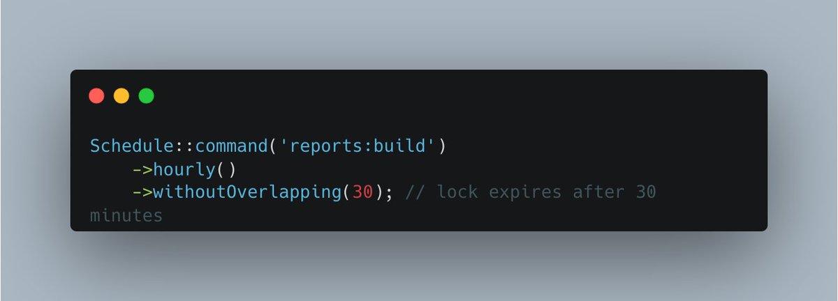 scottkeckwarren's tweet photo. #Laravel tip: `withoutOverlapping()` holds its lock for 24 hours by default. If the server dies mid-run, the task skips until the lock expires.
`php artisan schedule:clear-cache` clears a stuck lock now.
#PHP #Laravel #PHPC https://t.co/rNcC7EyM4n