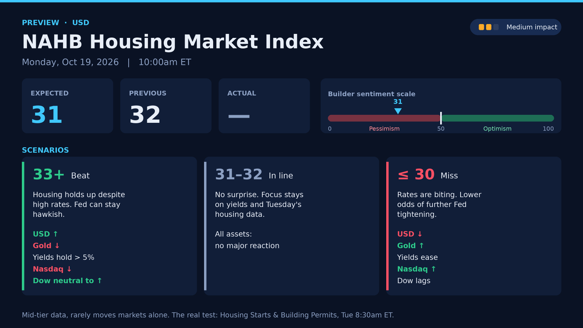 PNickolov's tweet photo. 🇺🇸 NAHB Housing Market Index | Preview
📅 Mon, Oct 19 | ⏰ 10:00am ET

Expected: 31 | Previous: 32

🔍 What it measures
Homebuilder sentiment on current sales, the 6-month outlook and buyer traffic. Above 50 = optimism, below 50 = pessimism.

A reading near 31–32 is deeply weak. With the 10Y above 5% and mortgage rates near 7.5%, affordability is crushing buyers.

🎯 Scenarios

33+ (beat)
Housing is holding up despite high rates. Supports the view that the economy is resilient and the Fed can stay hawkish.
USD ↑ | Gold ↓ | Yields hold above 5% | Nasdaq ↓ | Dow neutral to ↑

31–32 (in line)
No surprise. Focus stays on yields and Tuesday's data.

30 or below (miss)
Builders get even more pessimistic. A sign high rates are biting, and it lowers the odds of further Fed tightening.
USD ↓ | Gold ↑ | Yields ease | Nasdaq ↑ | Dow lags on growth fears

📌 Bottom line
NAHB is mid-tier data and rarely moves markets alone. Only a big surprise gets a real reaction. The real housing test comes Tuesday with Housing Starts and Building Permits at 8:30am ET.

#USD #NAHB #Housing #Macro #Trading