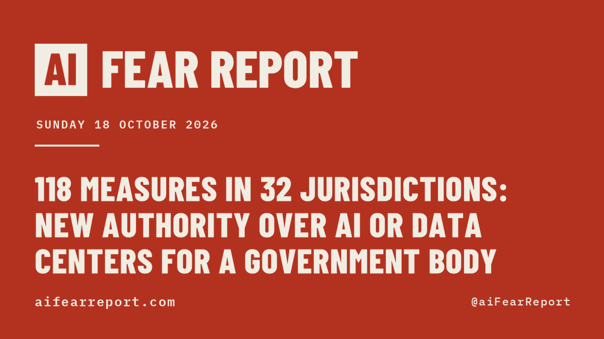 aiFearReport's tweet photo. Here is how your fear of AI is being used to centralize power today.

118 measures in 32 jurisdictions would create an AI office, or hand an existing one new authority over AI or data centers.

100 named offices would gain a power over AI. The one named most often is the Virginia Attorney General, in eight measures.

$85.2 million from 144 donors sits in five political committees working on AI policy.

2,272 measures tracked. 760 carry a control, and they would hand new power to 100 offices.