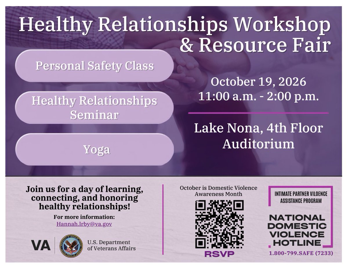 OVAHCS's tweet photo. HAPPENING TOMORROW!

Healthy relationships start with the right tools, support and connections.

Join the Orlando VA Healthcare System on Oct. 19 from 11 a.m. to 2 p.m. for our Healthy Relationships Workshop and Resource Fair at the Orlando VA Medical Center at Lake Nona.

Come for one session, or stay for them all!

- 11:30 a.m. — Personal Safety Class with Orlando Police Department
- 12:30 p.m. — Healthy Relationships Seminar with Victim Service Center
- 1:30 p.m. — Yoga with VA Whole Health

Veterans, families, caregivers and staff are invited to connect with VA and community resources while picking up practical tools for safer, healthier relationships.

All are encouraged to RSVP in advance for planning purposes using the QR code on the event flyer.

Learn more about the event and Orlando VA’s Domestic Violence Awareness Month activities: https://t.co/RwMYo09gBg

#DomesticViolenceAwarenessMonth #Veterans #OrlandoVA #HealthyRelationships #VeteranSupport