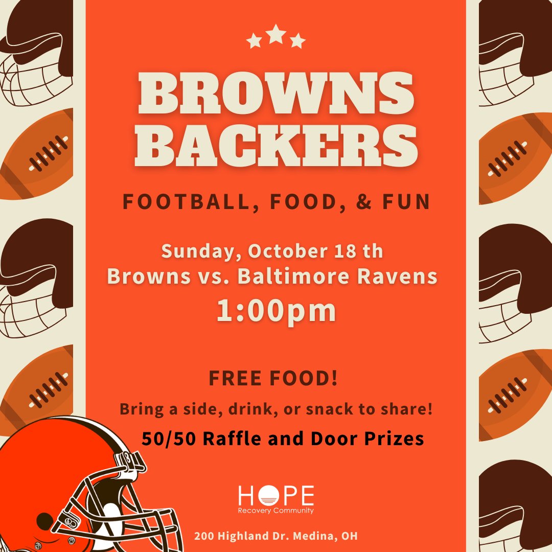 HRC_Medina's tweet photo. Join us today Sunday, October 18th at 1:00 PM for football, free food, and lots of fun! Come hang out, cheer on the Browns, and enjoy some good community time! https://t.co/EnOgp9qB3D