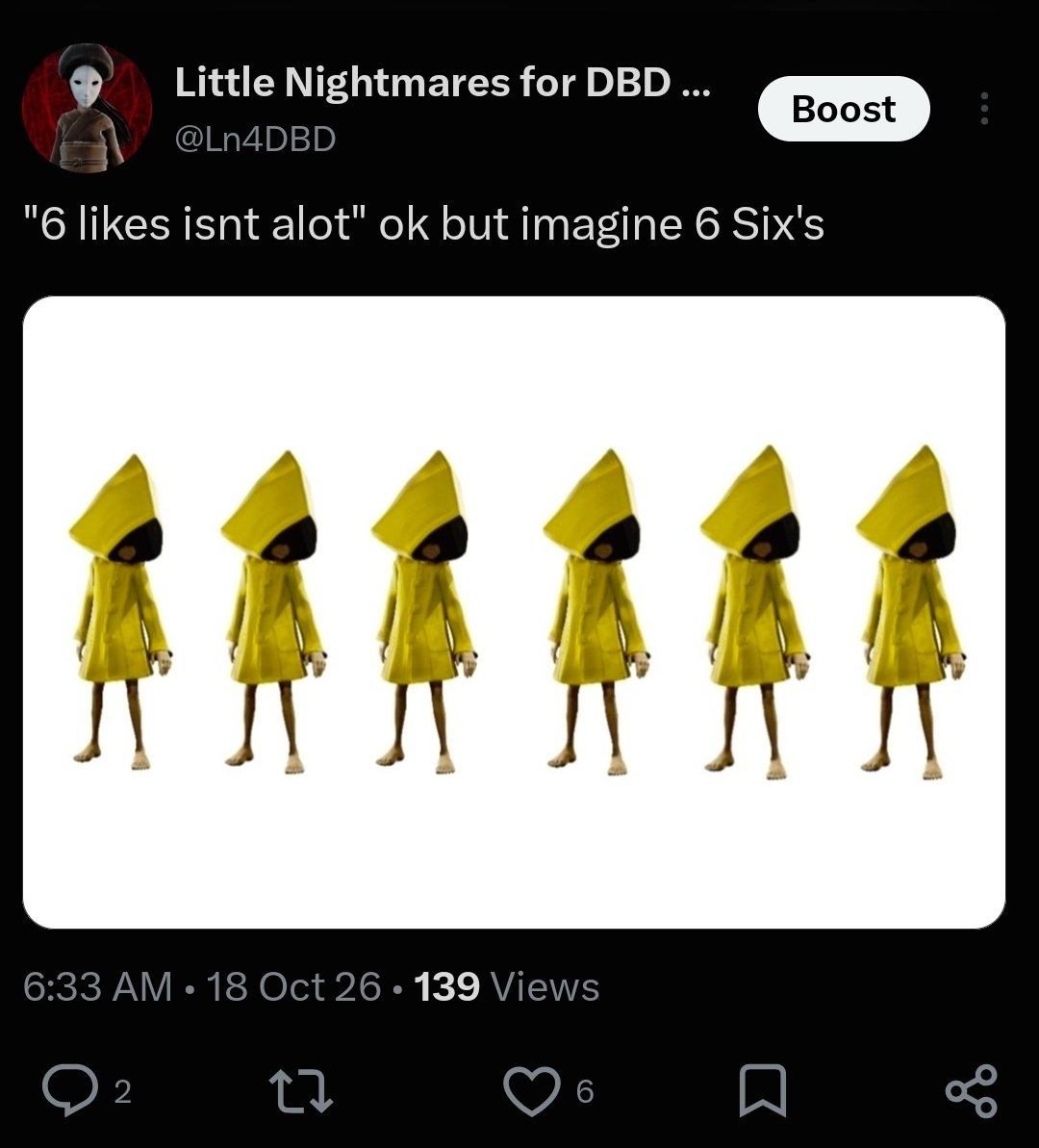 Ln4DBD's tweet photo. "6 isn't alot" ok but imagine 6 Six's getting 6 likes from 6:33am to 9:16pm in 2026 https://t.co/qCAcygmMc3
