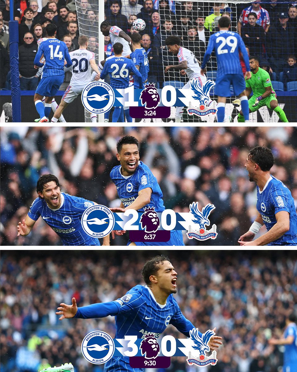 premierleague's tweet photo. Three goals inside 10 minutes including a stunner from halfway by Diego Gomez 🙌

The dream start for Brighton 🔵 https://t.co/MU0g8wtC11