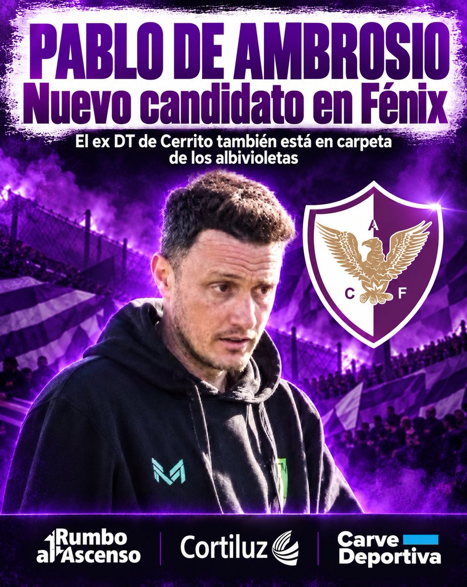 elascensouy's tweet photo. #FENIX ⚪️🟣
Pablo De Ambrosio es otro de los candidatos que tiene la directiva de Fénix para sustituir a Carlos Canobbio.
Segun pudimos averiguar, Alejandro Apud se encuentra a la espera de otra propuesta y por eso no será el DT del "ave".

#RumboAlAscenso https://t.co/Dy5vk9AwiZ