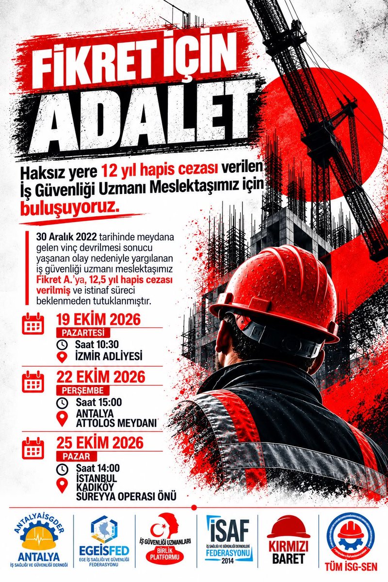 tumisg_sen's tweet photo. 🔴 FİKRET İÇİN ADALET!

İş güvenliği uzmanları günah keçisi değildir!

30 Aralık 2022 tarihinde meydana gelen vinç devrilmesi sonucu yaşanan olay nedeniyle yargılanan meslektaşımız Fikret A., 12 yıl 6 ay hapis cezasına çarptırılmış ve istinaf süreci beklenmeden tutuklanmıştır.

İş sağlığı ve güvenliği, yalnızca bir uzmanın omuzlarına yüklenebilecek bir sorumluluk değildir. İş kazalarının önlenmesi; işverenlerin, yetkililerin ve ilgili tüm tarafların sorumluluklarını yerine getirmesini gerektirir.

Mesleki sorumluluğun sınırlarının korunması, adil yargılanma hakkının gözetilmesi ve adaletin sağlanması için bir araya geliyoruz!

📢 ADALET İÇİN BULUŞUYORUZ!

📍 İZMİR
📅 19 Ekim 2026 | 🕥 10.30
İzmir Adliyesi

📍 ANTALYA
📅 22 Ekim 2026 | 🕒 15.00
Attolos Meydanı

📍 İSTANBUL
📅 22 Ekim 2026 | 🕕 18.00
Kadıköy – Süreyya Operası Önü

Bugün Fikret için yükselen ses, yarın tüm iş güvenliği uzmanlarının mesleki güvencesi içindir.

⚖️ Adalet kişiye değil, herkese gereklidir!

Sessiz kalmıyoruz. Mesleğimize, haklarımıza ve adalete sahip çıkıyoruz!

#FikretİçinAdalet #işgüvenliğiuzmanları #i̇sg #adaletistiyoruz #işsağlığıvegüvenliği #meslekisorumluluk #işgüvenliği