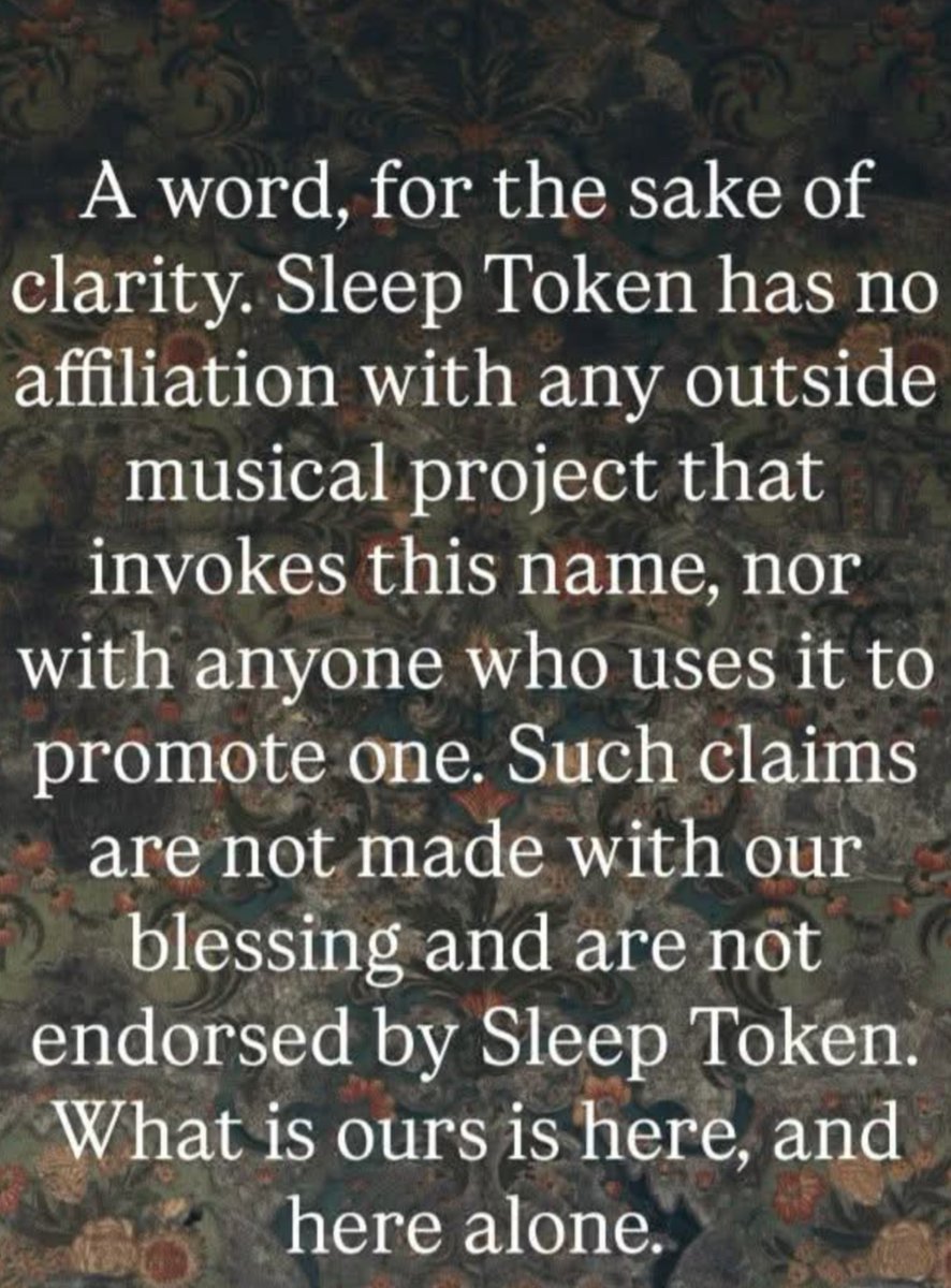 SOTSPodcast's tweet photo. Sleep Token have released a statement disavowing themselves of "any outside musical project that involves this name, nor with anyone who uses it to promote one." https://t.co/0qwBwktJJU