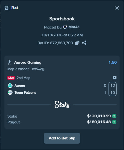 OnlyHighRoll's tweet photo. Mnt41 Placed Bet on 
Aurora Gaming - Team Falcons 🎮

🏆 Est. Payout: $180,016.48
🔗 Place your bet https://t.co/XfHCjjTNAc https://t.co/uaeVoJoY2o