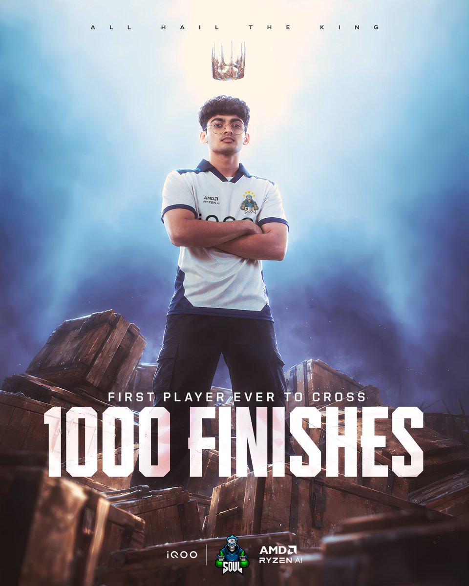 Soul_esportsgg's tweet photo. On Sunday, the KING takes the throne! 👑

The first-ever player to hit 1,000 Official Finishes. The milestone belongs to iQOOSouLGoblin! 🚀

#FuelTheiQOOSouL #iQOO #iQOOSouL #AMD https://t.co/PkbhUMvuhr