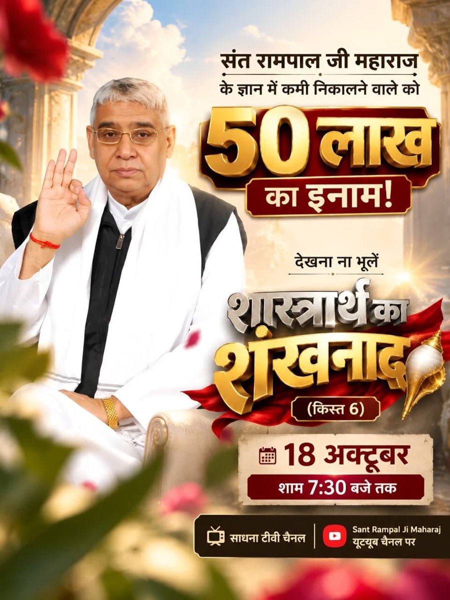 neha_5k's tweet photo. #शास्त्रार्थ_का_शंखनाद_क़िस्त6
संत रामपाल जी महाराज जी के ज्ञान को गलत साबित करने वाले को मिलेंगे 50 लाख, और अभी तक कोई सामने नहीं आया जो उनके ज्ञान को गलत साबित करे।
देखे शास्त्रार्थ का लाइव प्रसारण साधना चैनल पर शाम 7 30 बजे या यूट्यूब चैनल पर 👇 
👇👇👇
Sant Rampal Ji Maharaj https://t.co/g6qH1j3N3I