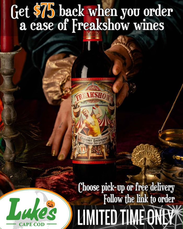 LukesCapeCod's tweet photo. For a limited time when you order a case of Freakshow wines, you'll get $75 back! Choose a free delivery or pick-up at our West Yarmouth store. Follow the link for more information: https://t.co/6Rn1yv9wAY 

#gottagotolukes #CapeCod https://t.co/87RDjyY0KN