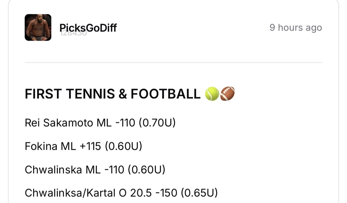 PicksGoDiff's tweet photo. WHAT A START FOR VIP 🏆🤑📈

5-0 START 🔥

Rei Sakamoto ML -110 (0.70U)✅
Fokina ML +115 (0.60U)✅
Chwalinska ML -110 (0.60U)✅
Chwalinksa/Kartal O 20.5 -150 (0.65U)✅
Nebraska +3.5 -140 (0.60U) LIVE✅

TIME FOR FOOTBALL FOR THE SWEEP 🧹🙏😈 https://t.co/4BAG3vcsXz