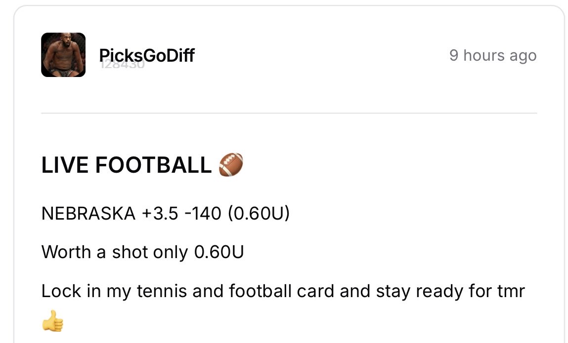 PicksGoDiff's tweet photo. WHAT A START FOR VIP 🏆🤑📈

5-0 START 🔥

Rei Sakamoto ML -110 (0.70U)✅
Fokina ML +115 (0.60U)✅
Chwalinska ML -110 (0.60U)✅
Chwalinksa/Kartal O 20.5 -150 (0.65U)✅
Nebraska +3.5 -140 (0.60U) LIVE✅

TIME FOR FOOTBALL FOR THE SWEEP 🧹🙏😈 https://t.co/4BAG3vcsXz