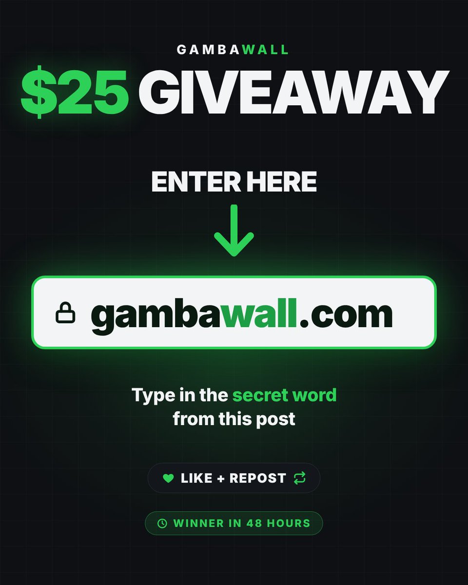 gambawall's tweet photo. $25 DAILY GIVEAWAY 🎁

✅ Follow @GambaWall
✅ Like + repost
👉 Go to https://t.co/IRB3sy5Yme
🔑 Enter the secret word: LUCK

Winner picked in 48 hours 🍀 https://t.co/fiBJ5WpHPY
