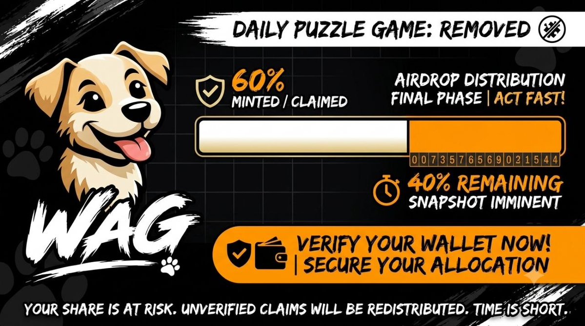 waghouses's tweet photo. 📊 AIRDROP MINTING STATUS: 60% COMPLETED!
​60% of the total Airdrop pool is already claimed and locked in!

​Only 40% IS LEFT before the entire pool is completely exhausted!
​⚠️ WHAT THIS MEANS FOR YOU:

Once this remaining 40% is gone, THE PORTAL CLOSES FOREVER. The snapshot will take place immediately, and tokens will be distributed to verified holders!

Join :- https://t.co/F6UA3pOkAu

​🔥 FINAL CHANCE TO MAXIMIZE YOUR ALLOCATION:

1️⃣ Verify Your Wallet: Make sure your TON wallet is connected in the bot. Unverified claims will be wiped!
2️⃣ Stay Ready: The final 40% is vanishing faster than expected!  

​⏳ Time is running out. Secure your verified spot before the last 40% disappears!

​#WAG #Airdrop #TON #Crypto #Web3 #ListingSoon