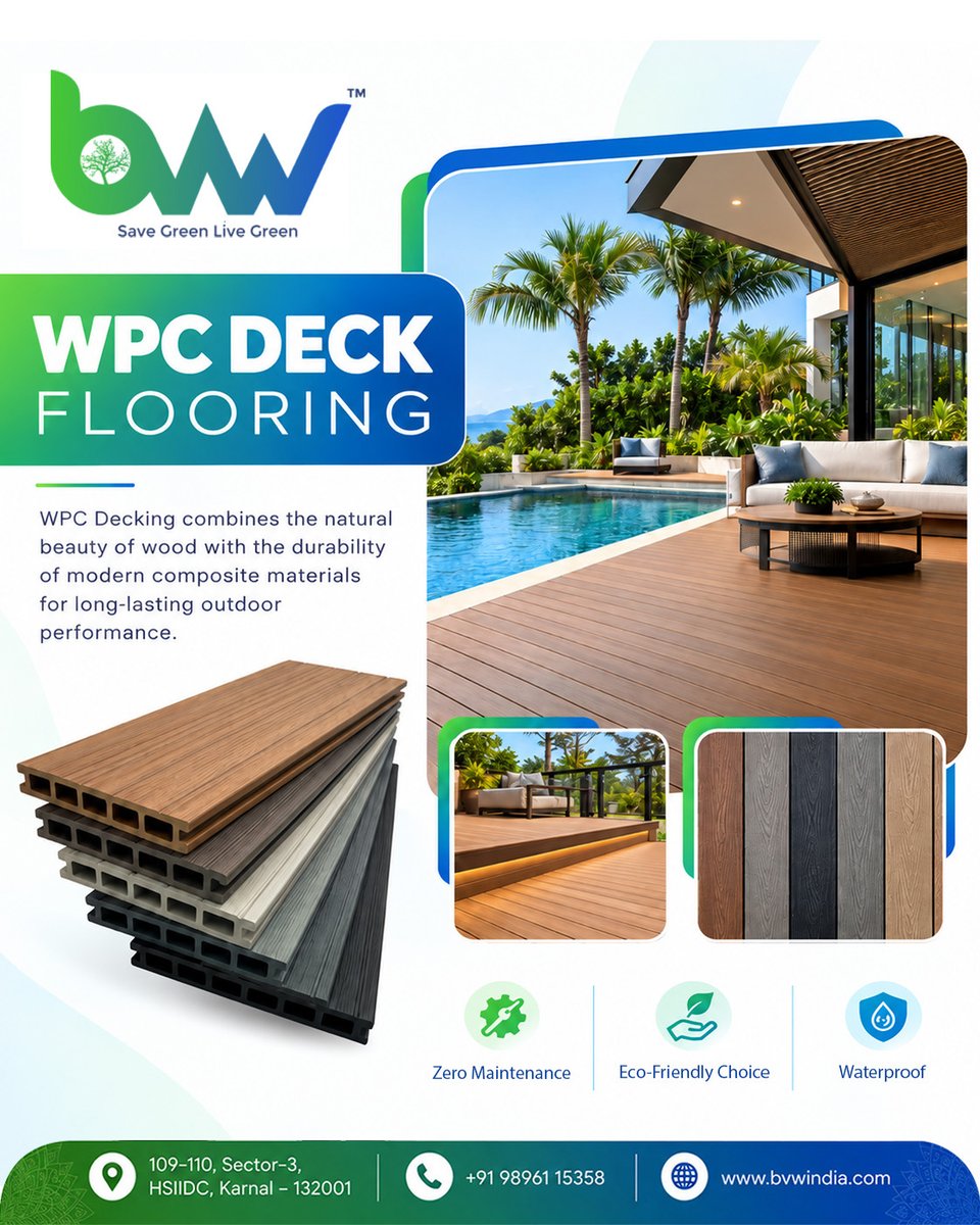 BvwIndia's tweet photo. 🌿 Upgrade your outdoor spaces with BVW WPC Deck Flooring!

��� Waterproof
✅ Zero maintenance
✅ Eco-friendly
✅ Premium wood-like finish
Perfect for patios, balconies &amp; poolside decks!
📞 +91 98961 15358
🌐 https://t.co/M3ekdg07JG
#BVW #WPCDecking #OutdoorDesign
#wpcinterior https://t.co/5kLuJjWQAt
