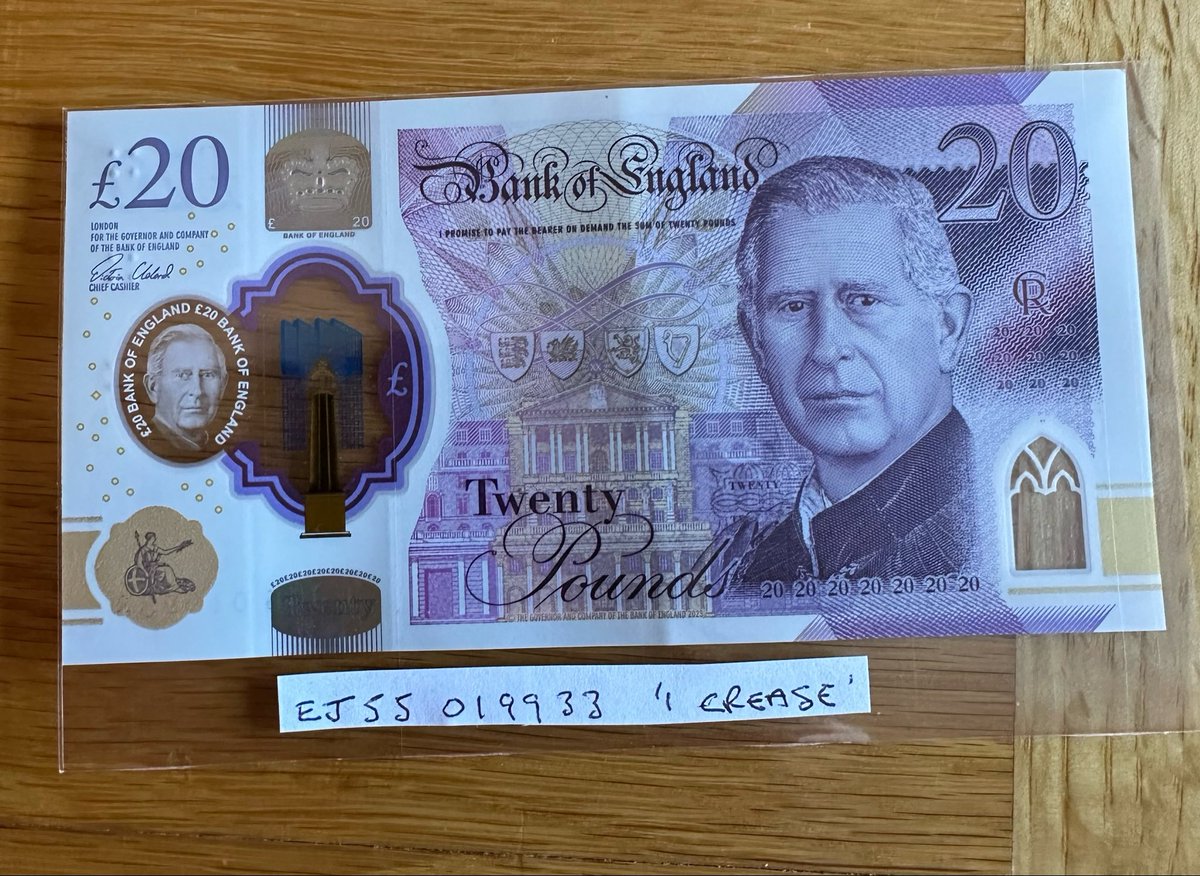 Vintage0Antique's tweet photo. Maybe a 55th Birthday gift idea, initials E.J. #King #Charles 20 #POUND £20 #NOTE “1 Crease” #BANK of #ENGLAND in Protective Sleeve.. https://t.co/K7V1KsdfiQ #eBay via @eBay_UK https://t.co/iNFpoYPTfW