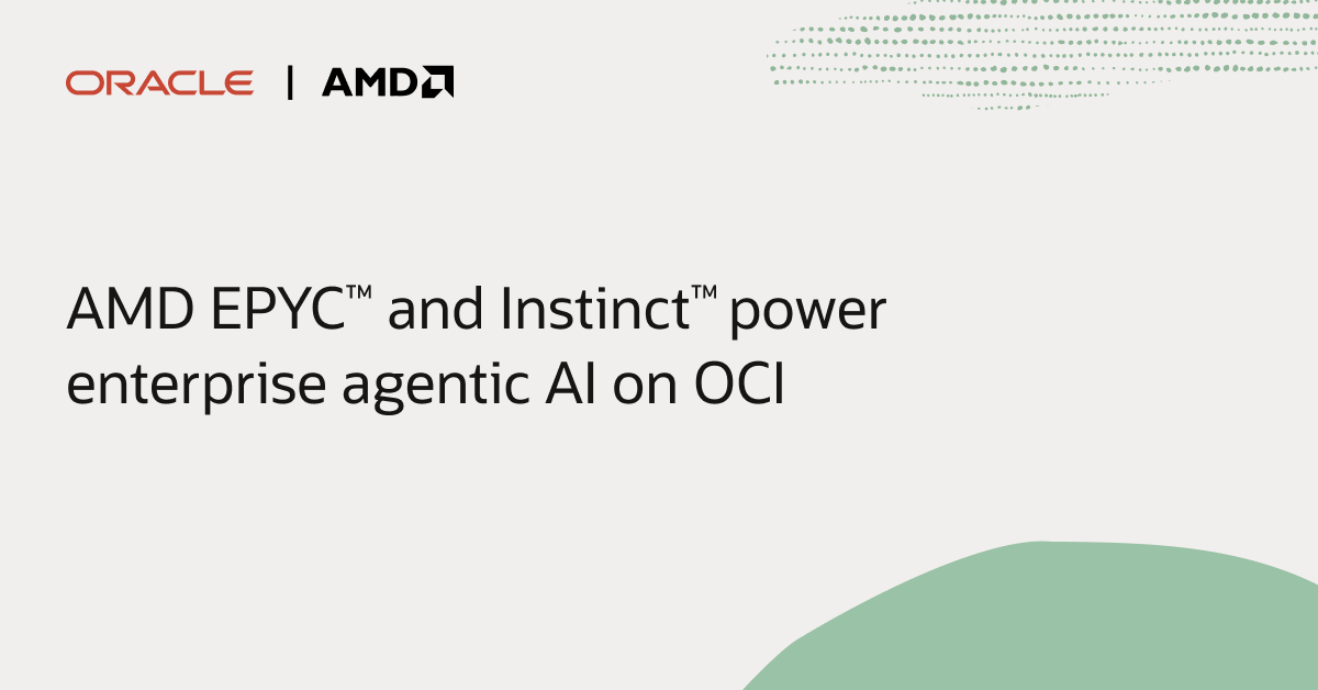 OracleCloud's tweet photo. Together, AMD EPYC™ CPUs and AMD Instinct™ GPUs provide the compute foundation for next-generation enterprise AI and agentic workflows on OCI.  

From enterprise applications, databases, and analytics to generative AI, training, and inference, OCI supports a broad range of business and technology priorities. 

Combined with OCI’s distributed cloud capabilities, organizations can deploy workloads across public cloud, sovereign cloud, dedicated regions, multicloud, and edge environments. Learn more about our work with @AMD: https://t.co/iyYssEyc0c