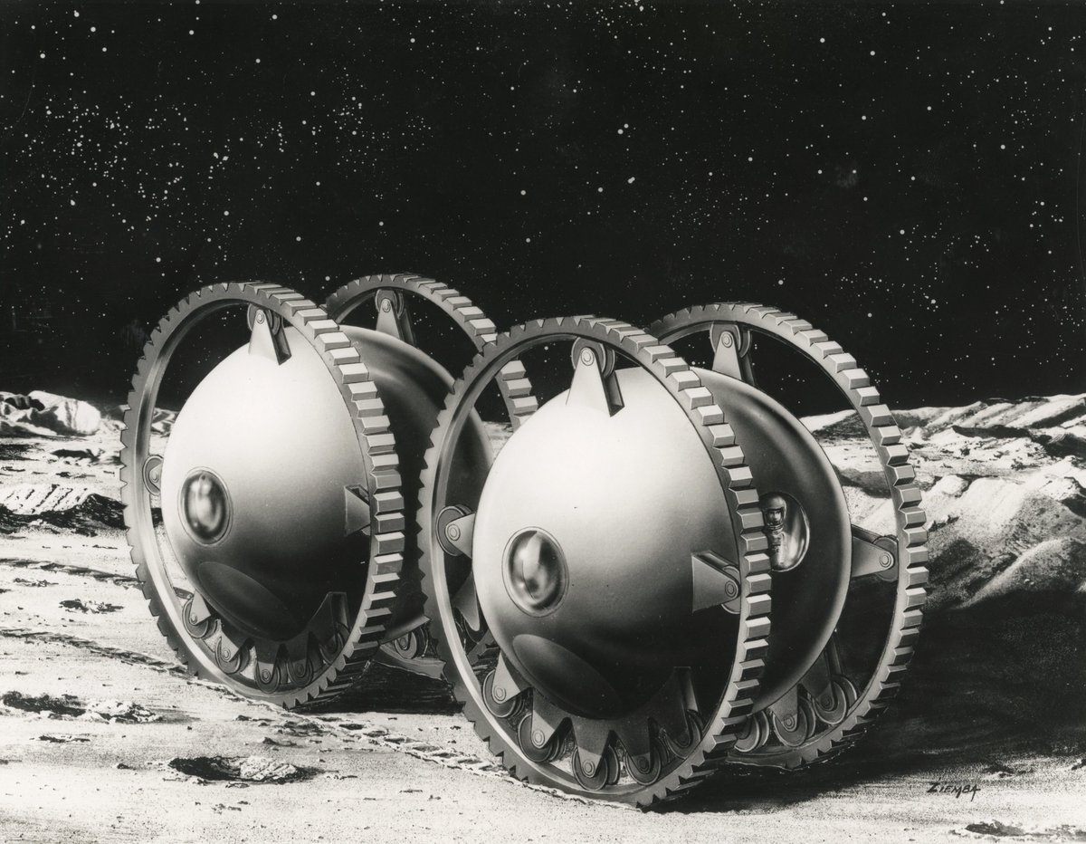 HumanoidHistory's tweet photo. Lockheed’s concept for exploring the Moon, early 1960s. Two spheres would house four astronauts on a 1,000-mile trek, rolling on solid metal wheels built for the crater-scarred lunar surface. Art by Ludwik Ziemba. https://t.co/KwTpSQarAl