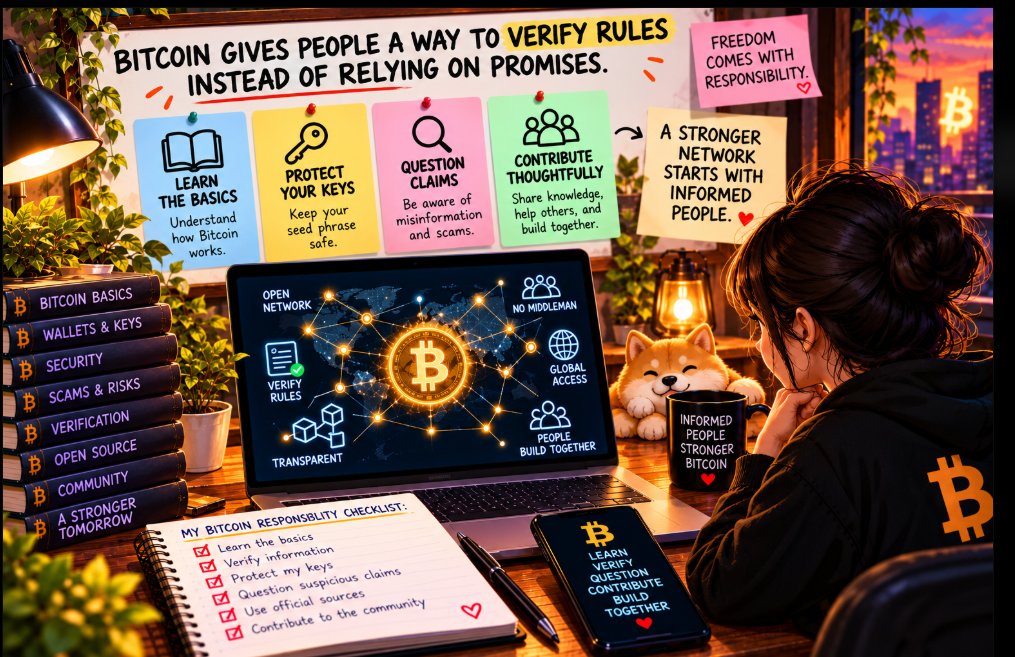 shital_ragade's tweet photo. Bitcoin gives people a way to verify rules instead of relying on promises. But freedom comes with responsibility: learn the basics, protect your keys, question misleading claims, and contribute thoughtfully. A stronger network starts with informed people. @1096361BTC https://t.co/OKA7Qu5J4U