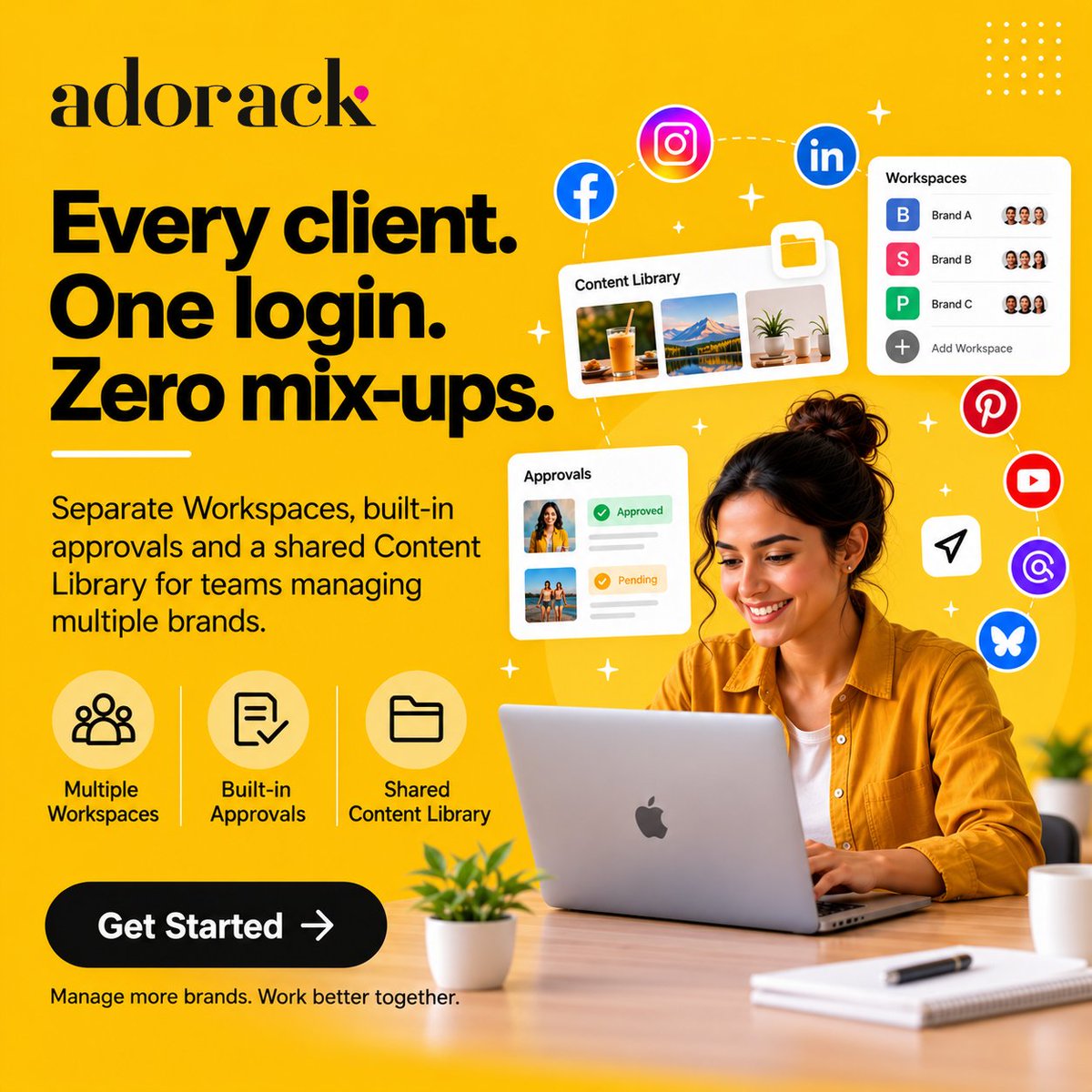 kushadak's tweet photo. Every client. One login. Zero mix-ups.

Adorack gives agencies separate Workspaces, built-in approvals and a shared Content Library, so you never post to the wrong page again.

Try it free: https://t.co/t8ImIwmAxP

#SocialMediaManagement #AgencyLife https://t.co/R8QCarDrJ8