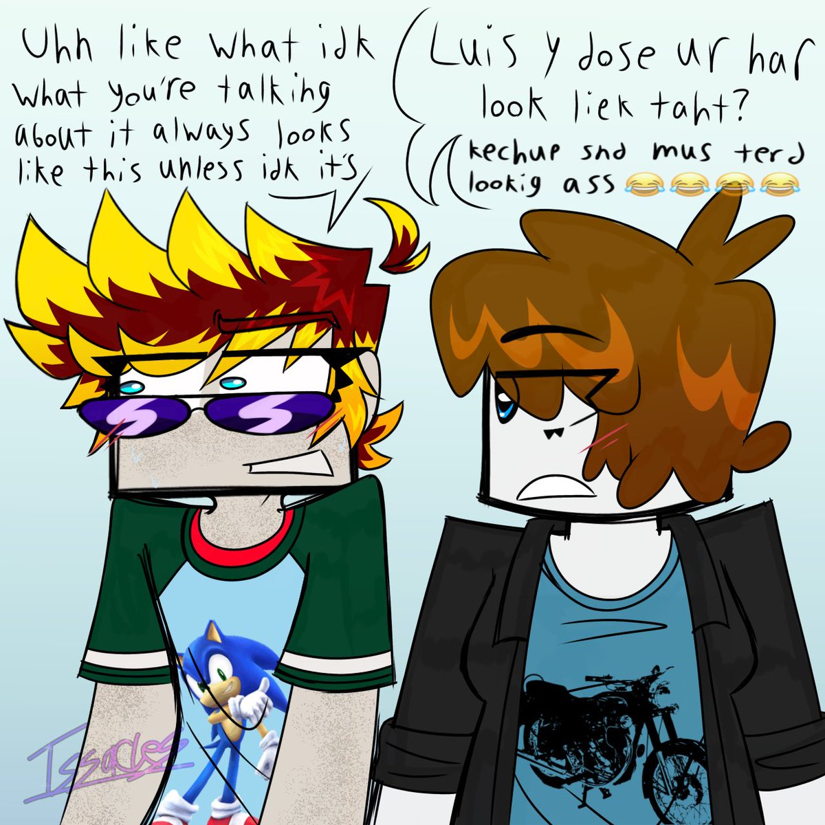 Issaclesss's tweet photo. I redrew this one year later (they looked so fucked up in the original one ESPECIALLY SU TART 😭💔) #flimtwt #flamtwt #robloxart #luisgamercool23 https://t.co/nErlLFgQgM
