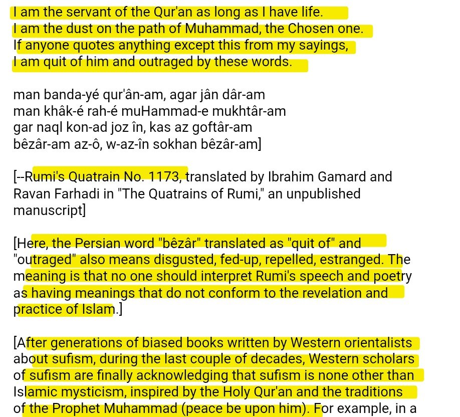 AdilMardini0's tweet photo. @murica1stmuslim "I am the servant of the Qur'an as long as I have life.
I am the dust on the path of Muhammad, the Chosen one.
If anyone quotes anything except this from my sayings,
I am quit of him and outraged by these words." 
Rumi's Quatrain No. 1173 https://t.co/QyAXSRXwbl
