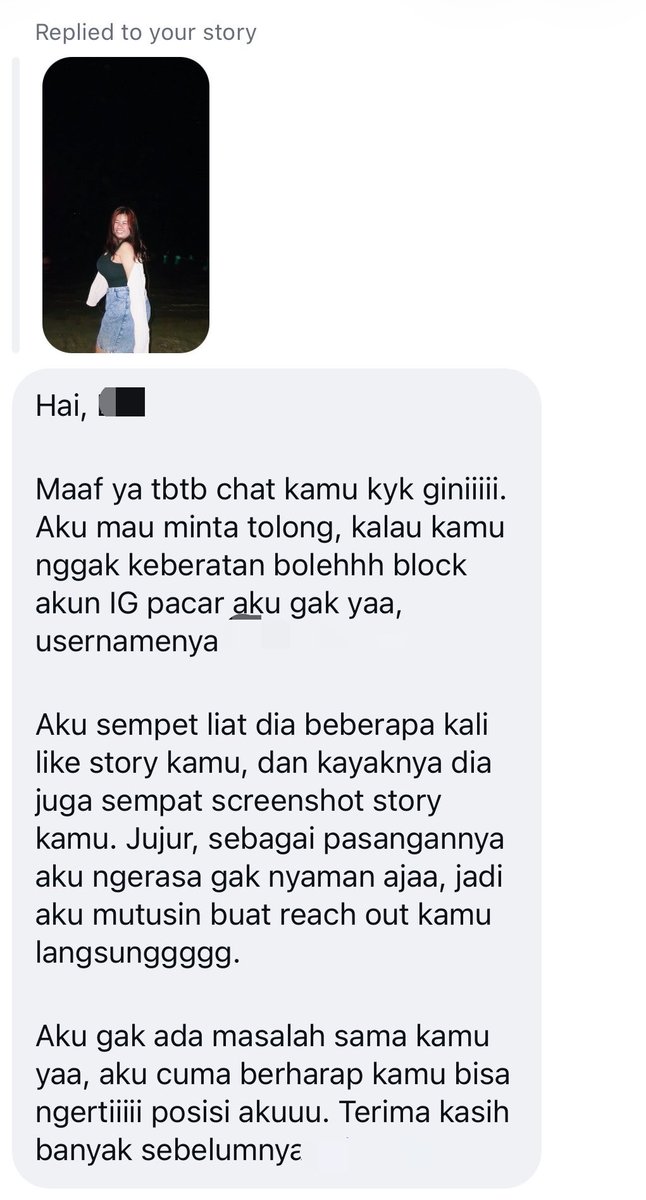 ofBleuMoon's tweet photo. dan terjadi lagi.. 😭

maksud gw, kalau udah punya pasangan, please know your boundaries. masa menghargai perasaan pasangan sendiri harus diajarin berkali-kali?
terus kalau ada yang bilang, “like story kan nggak berarti naksir, bisa aja suka sama viewnya.” cwuih, bullshit. 

apalagi yang dilike mostly story selfie jirrrr, terus sampai di ss juga. kayak????? be so fucking for real. 😭

it's not about controlling your partner, it's about respecting the person you chose to be with. kalau masih pengin bertingkah kayak single, ya nggak usah ngajak orang lain berkomitmen, jir. we deserve to feel secure in our relationships, not constantly question our partner's intentions.